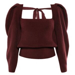 Anna October Rachel Tie-Accented Wool-Knit Sweater In Burgundy, Size XL